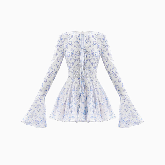zimmermann floral linen long sleeve lace up mini dress